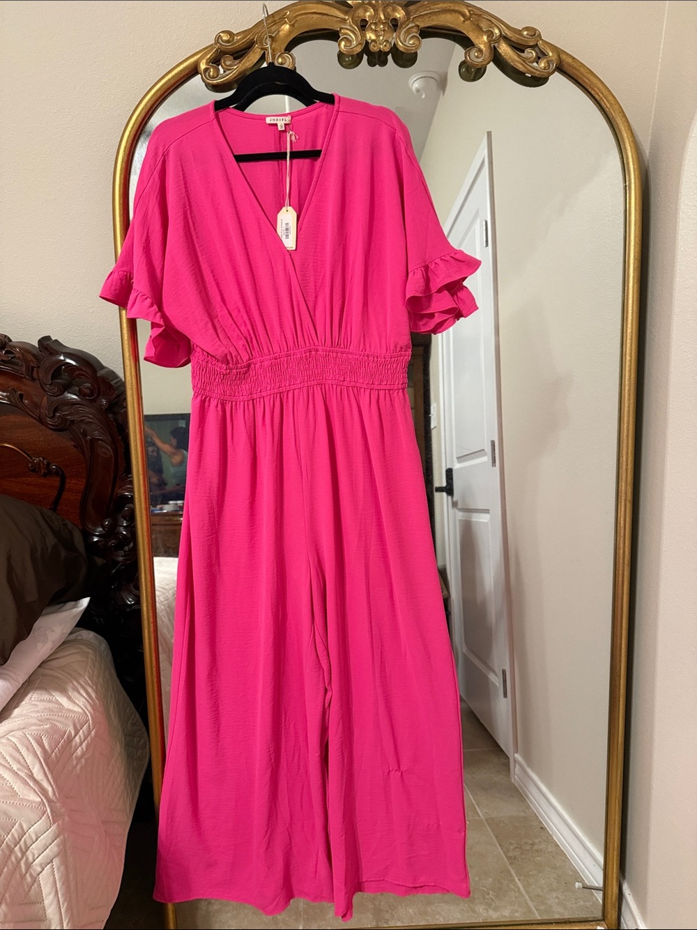 JODIFL Bright Pink V-Neck Maxi Dress with Ruffle Sleeves